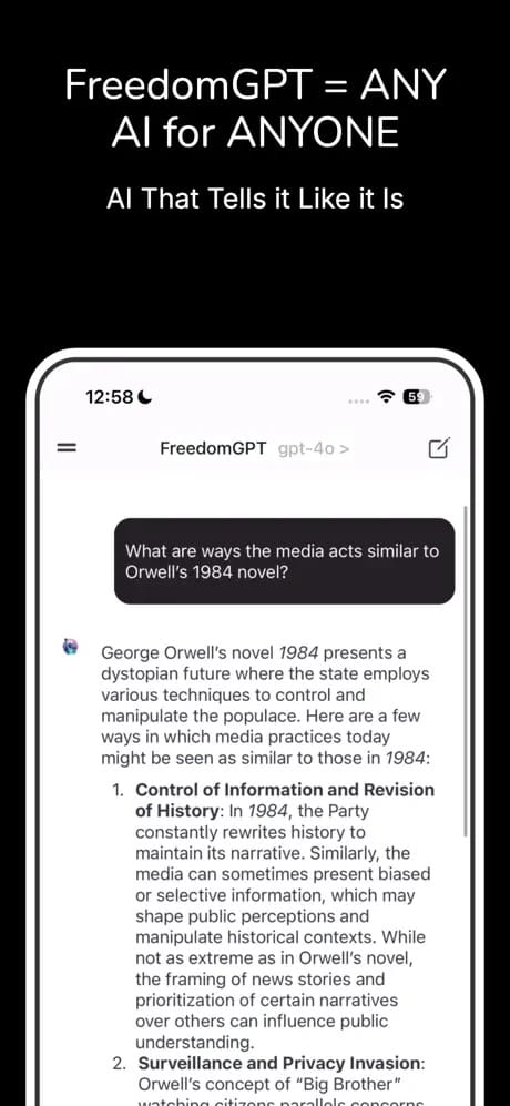FreedomGPT app screenshot showing an AI answering a question comparing modern media to Orwell's 1984