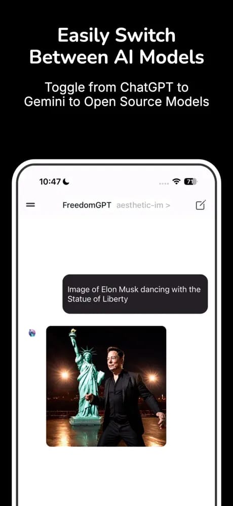 FreedomGPT app screenshot reading 'Easily switch between AI models,' showing an AI-generated image result