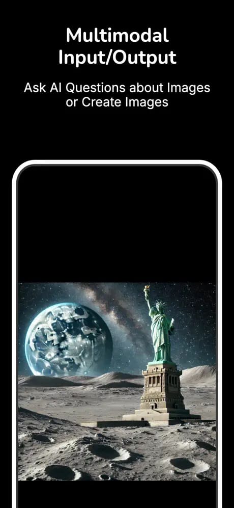 FreedomGPT app screenshot reading 'Multimodal input/output,' showing an AI-generated image of the Statue of Liberty on the moon