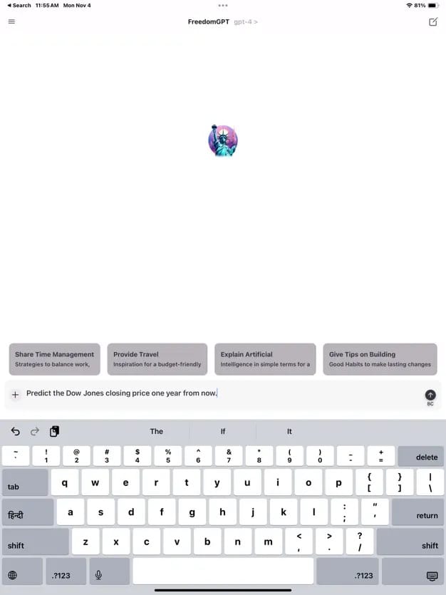 FreedomGPT running on an iPad, showing the home screen with suggested prompts