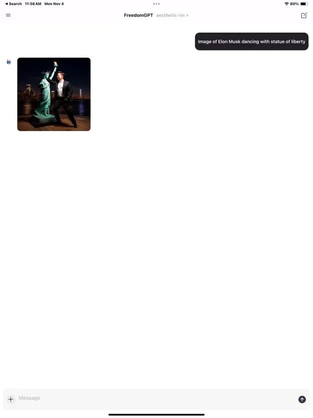 FreedomGPT on an iPad displaying an AI-generated image created from a text prompt
