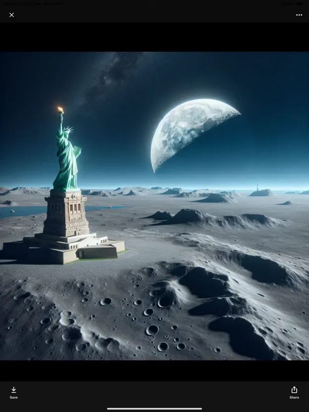 AI-generated image from FreedomGPT showing the Statue of Liberty on the moon with Earth and a crescent moon in the sky