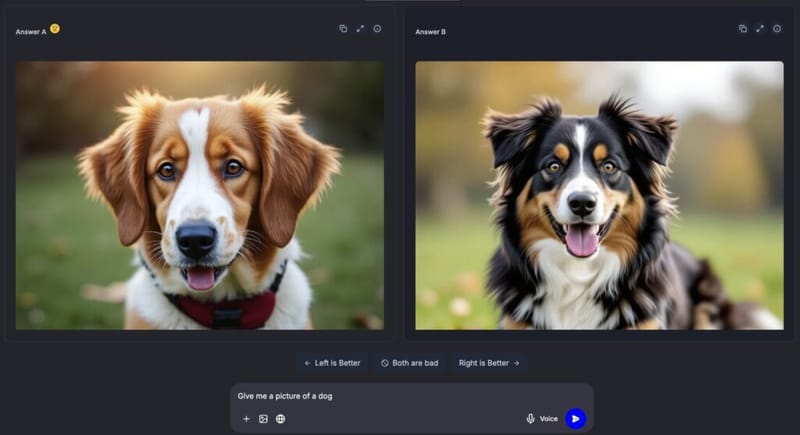 FreedomGPT image comparison screen showing two AI-generated dog photos labeled Answer A and Answer B for voting
